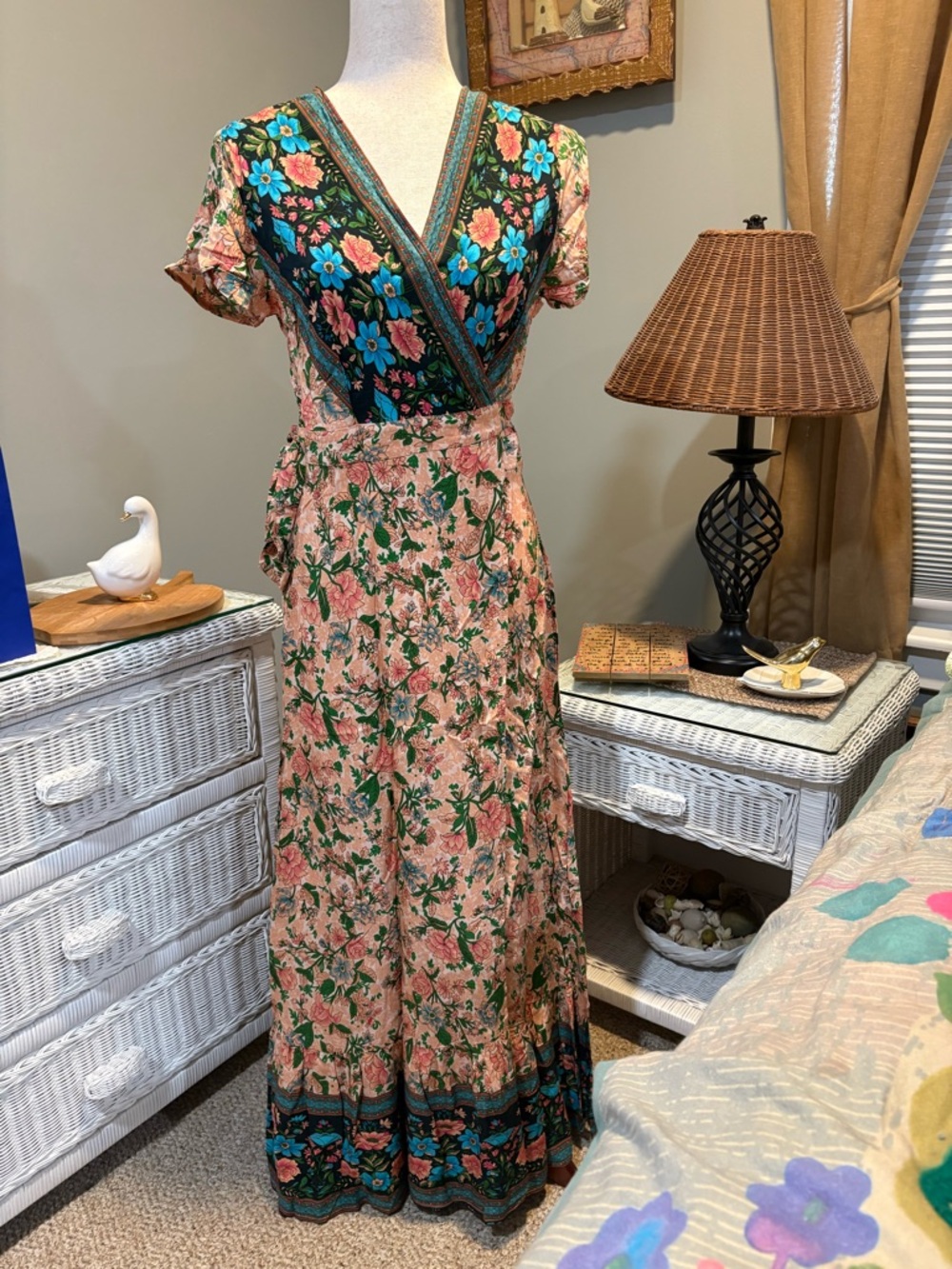 Floral Wrap Maxi Dress in Pink and Teal